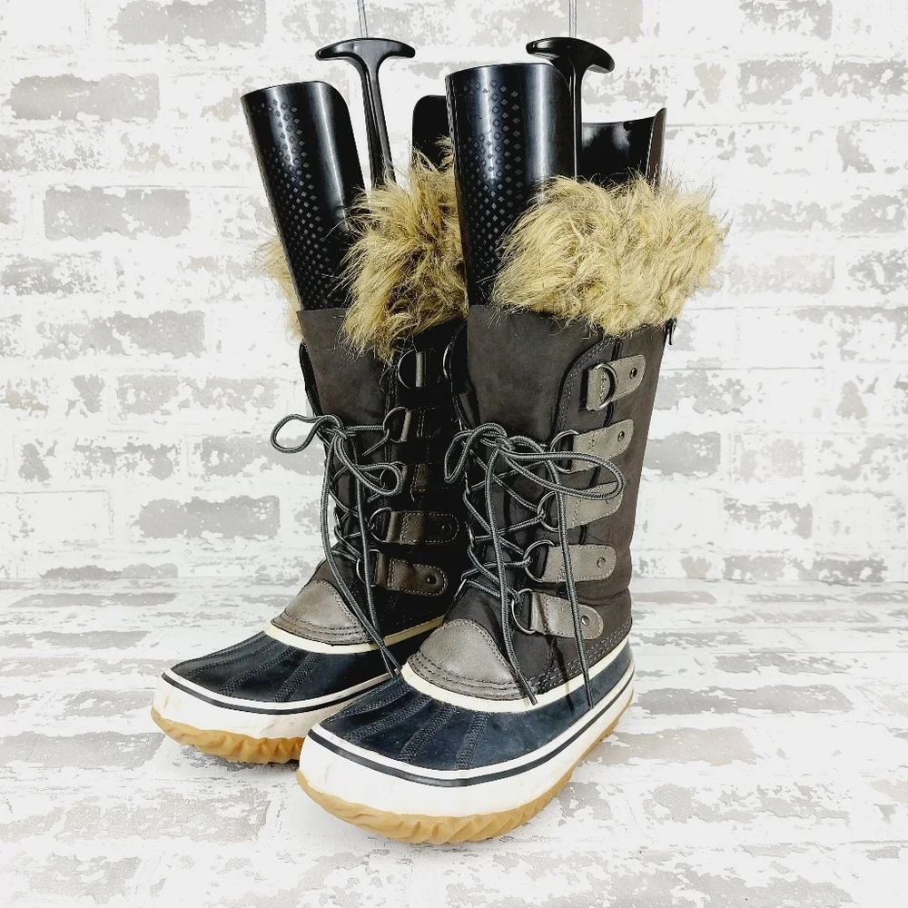 JBU Edith Gray Black Vegan Leather Faux Fur Lace Up Snow Winter Boots T544
